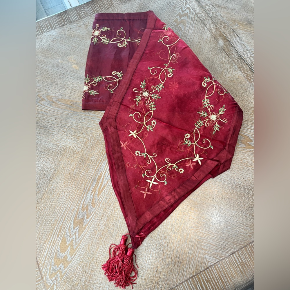 Table Runner Burgundy Embroidered Beaded Silk 84”X 15” With Tassels